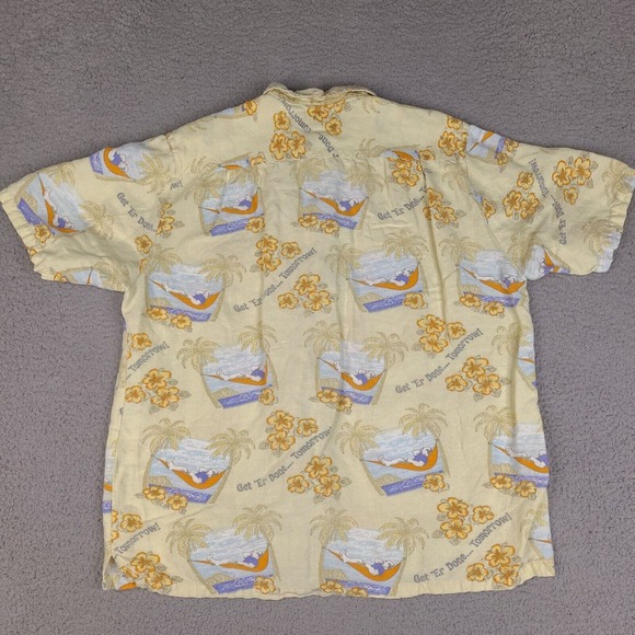 Big Dogs Hawaiian Shirt Men's Medium Yellow Linen Blend Button Down Get Er Done - Picture 2 of 12